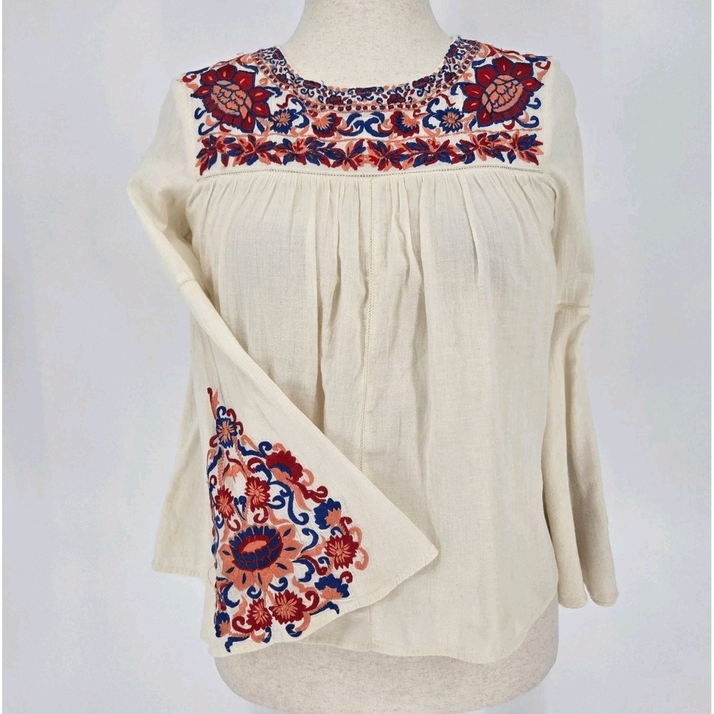 KAS New York Embroidered Cotton Blouse S Ivory Floral Boho Bell Sleeve Top